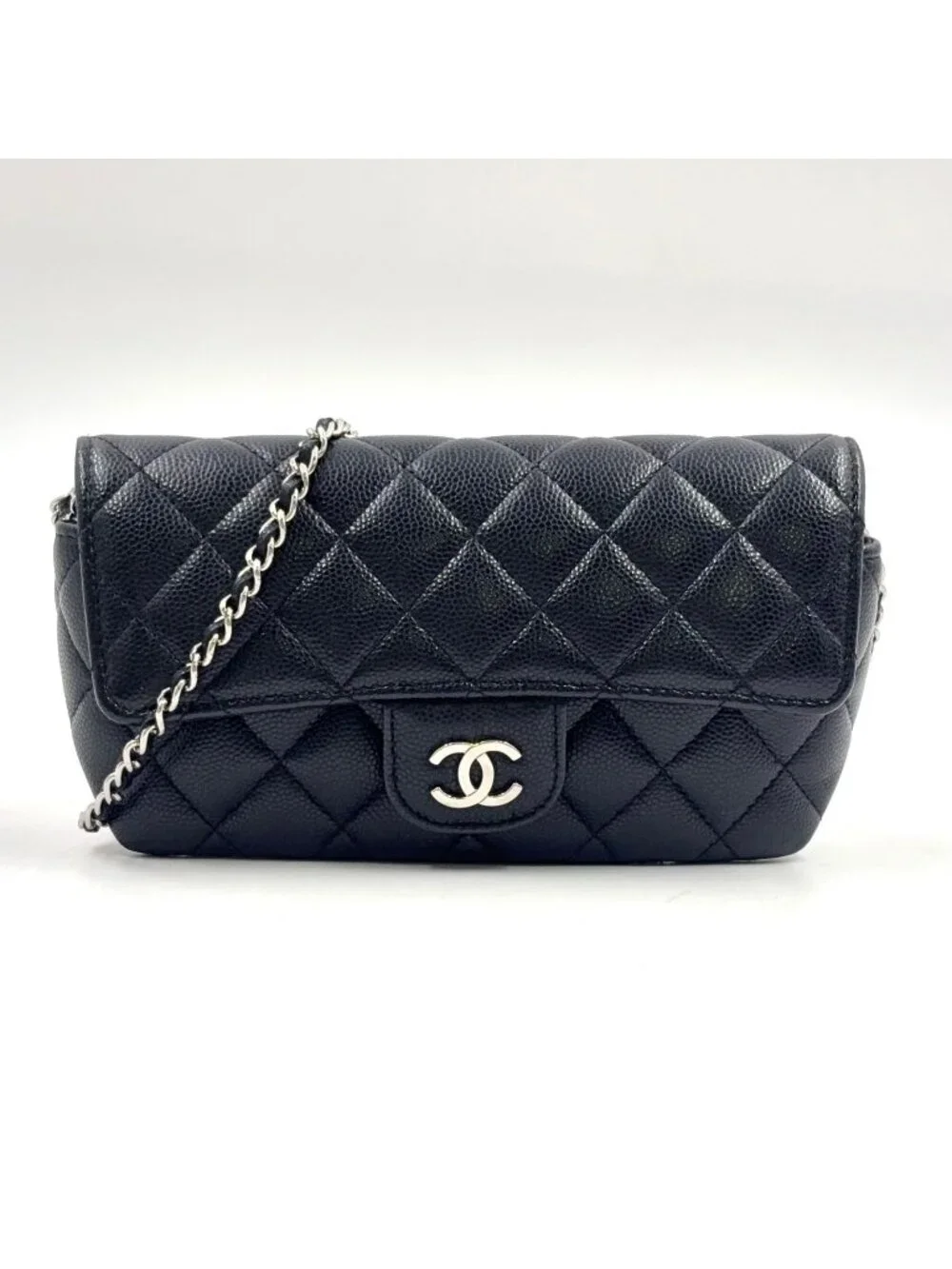 Chanel Quilted Eyewear Case Caviar Leather Black Chain Shoulder Bag Silver